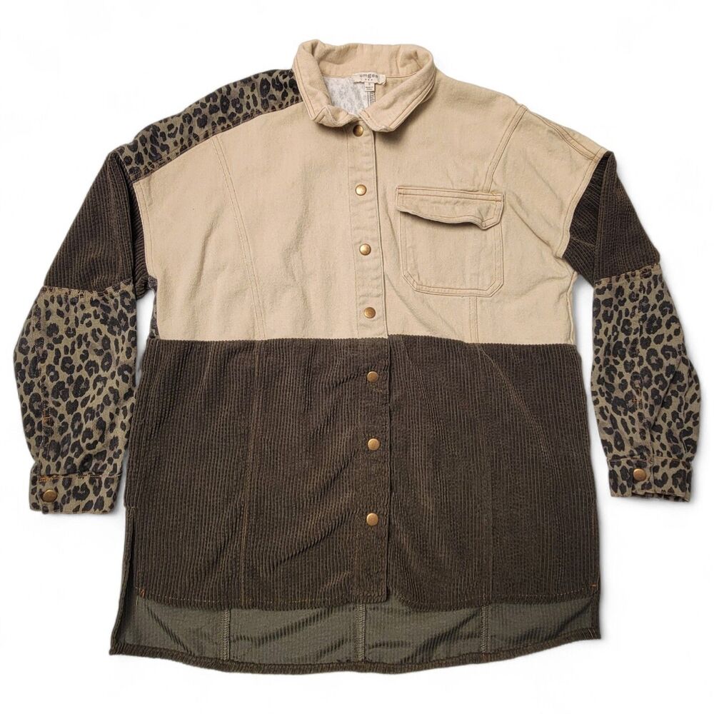 Umgee Shacket Women's Denim Corduroy Shirt Leopard Animal Print Colorblock Indie